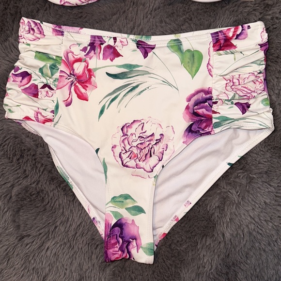 TiniBikini Floral Bandeau Bow Bikini Top & High Waisted Ruched Bottoms - Picture 3 of 6